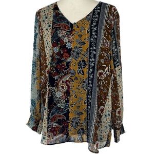 Dress Barn Paisley Flowy Blouse Size XL Metallic Bohemian Fairy Faux Patchwork
